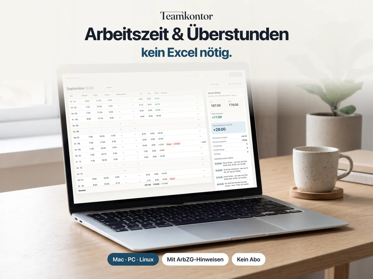 Arbeitszeit & Überstunden von Teamkontor auf einem Laptop – Bildschirmfoto der App mit Beispieldaten