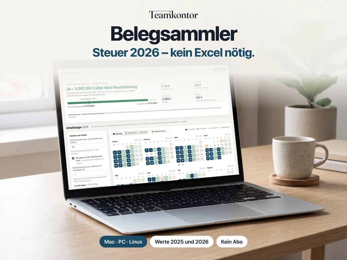 Belegsammler von Teamkontor auf einem Laptop – Bildschirmfoto der App mit Beispieldaten