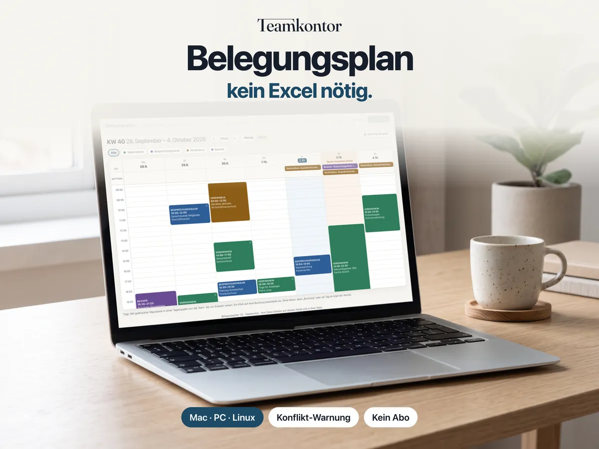 Belegungsplan von Teamkontor auf einem Laptop – Bildschirmfoto der App mit Beispieldaten