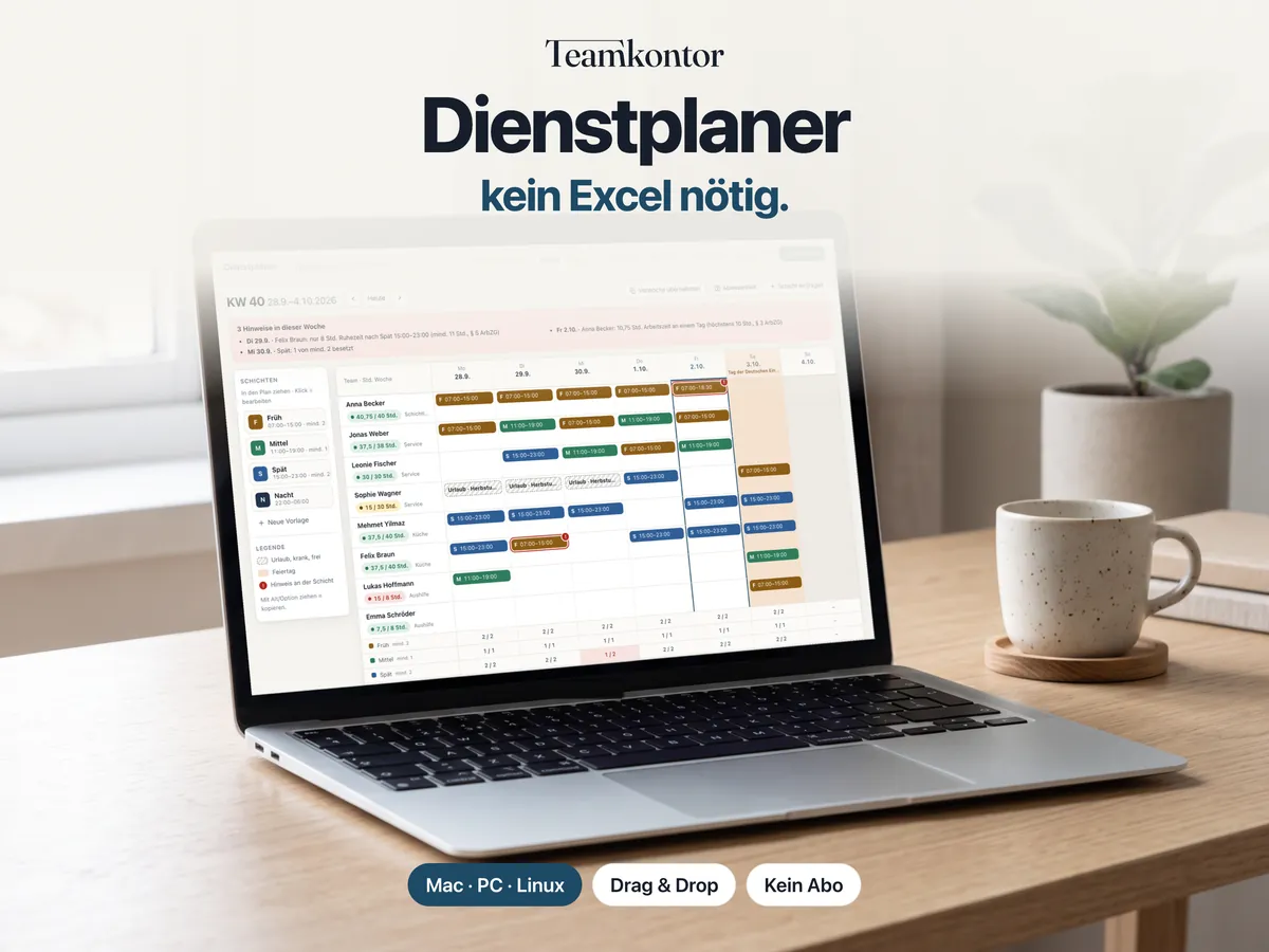 Dienstplaner von Teamkontor auf einem Laptop – Bildschirmfoto der App mit Beispieldaten