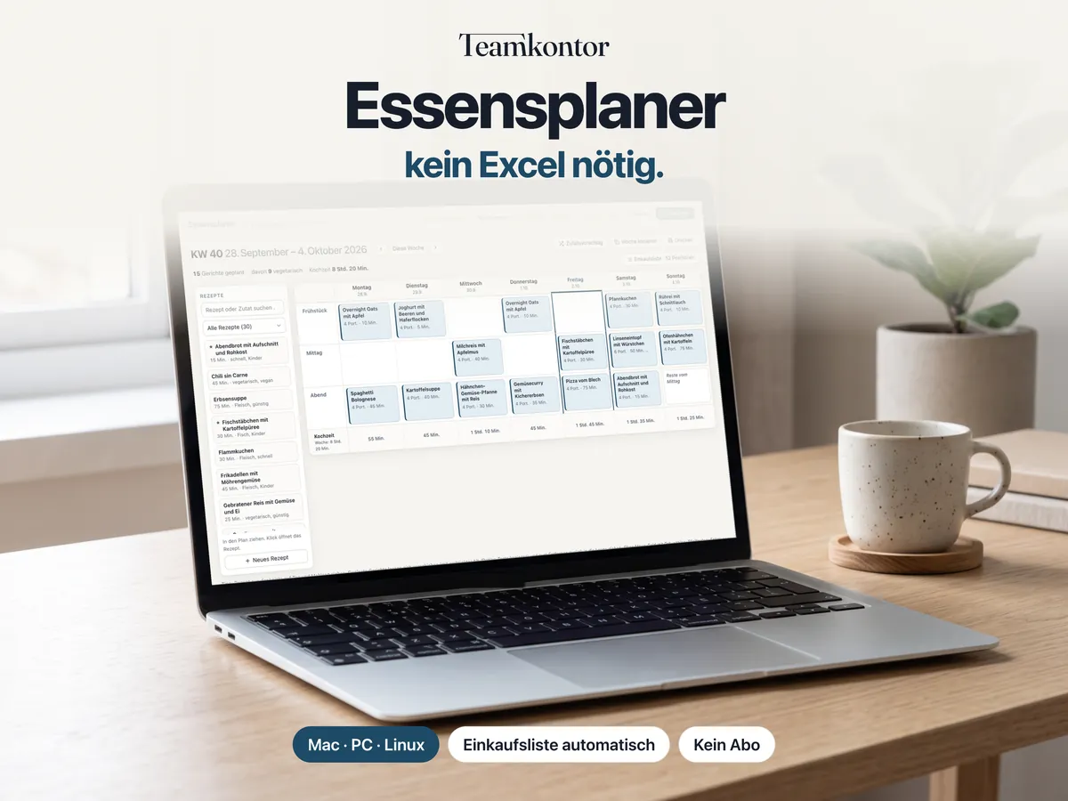 Essensplaner von Teamkontor auf einem Laptop – Bildschirmfoto der App mit Beispieldaten