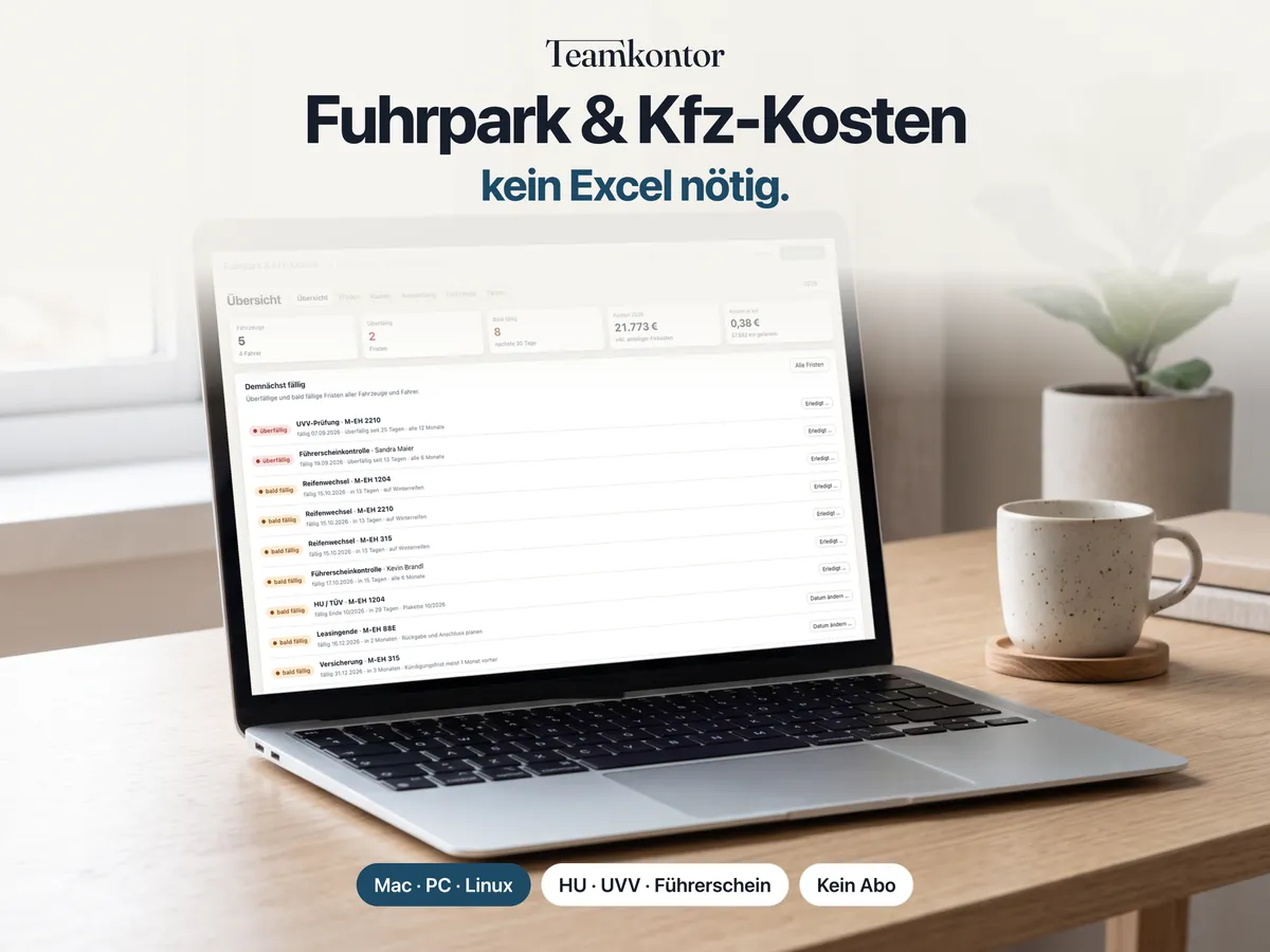 Fuhrpark & Kfz-Kosten von Teamkontor auf einem Laptop – Bildschirmfoto der App mit Beispieldaten