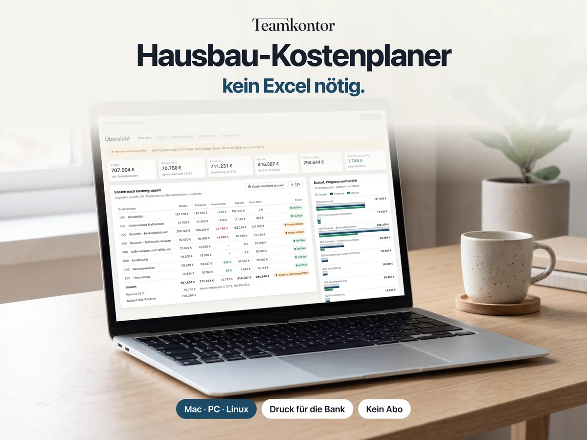 Hausbau-Kostenplaner von Teamkontor auf einem Laptop – Bildschirmfoto der App mit Beispieldaten