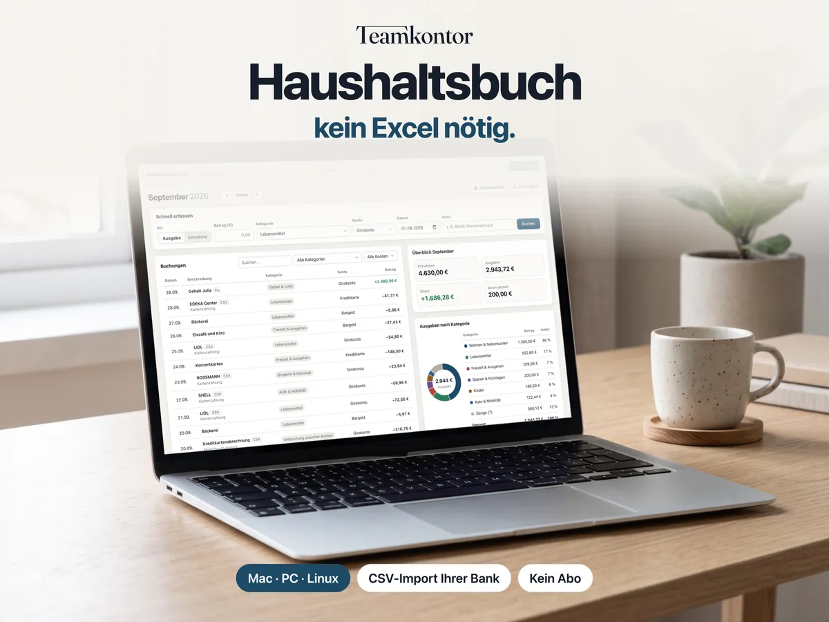 Haushaltsbuch von Teamkontor auf einem Laptop – Bildschirmfoto der App mit Beispieldaten