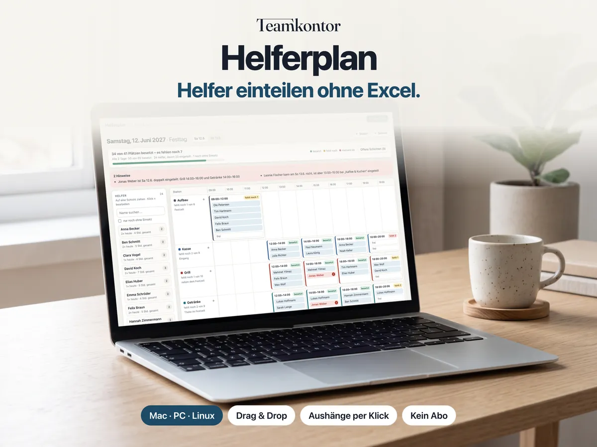 Helferplan von Teamkontor auf einem Laptop – Bildschirmfoto der App mit Beispieldaten