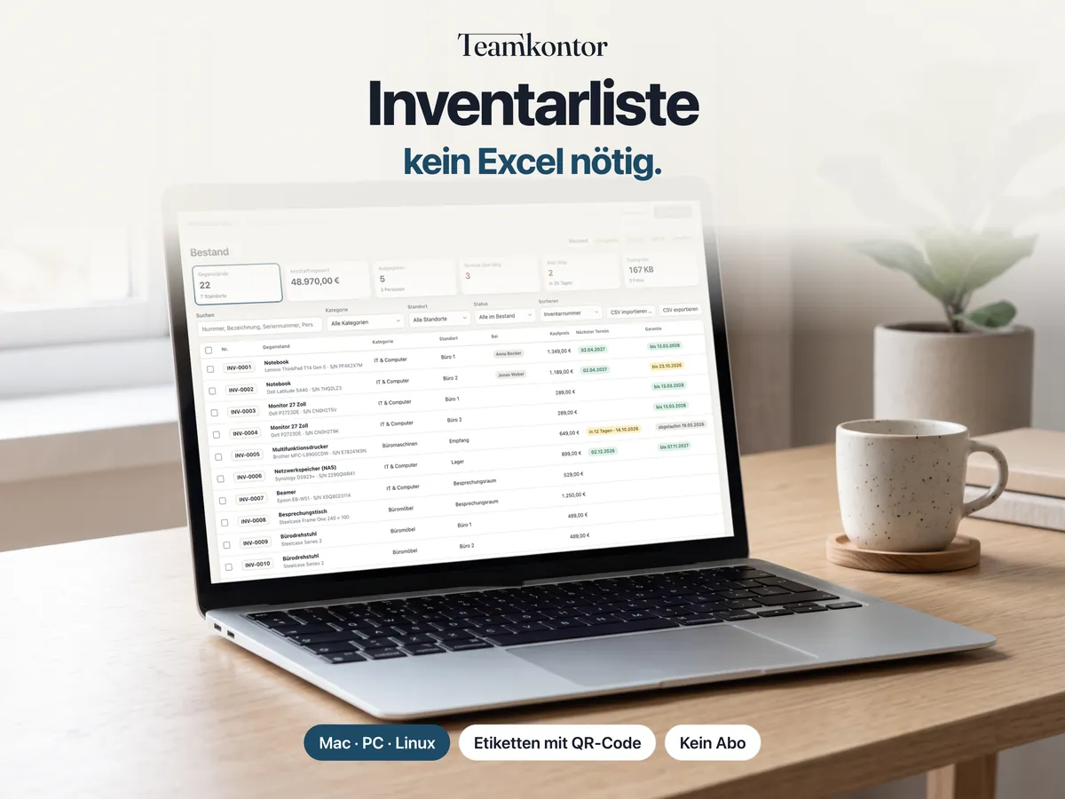 Inventarliste von Teamkontor auf einem Laptop – Bildschirmfoto der App mit Beispieldaten