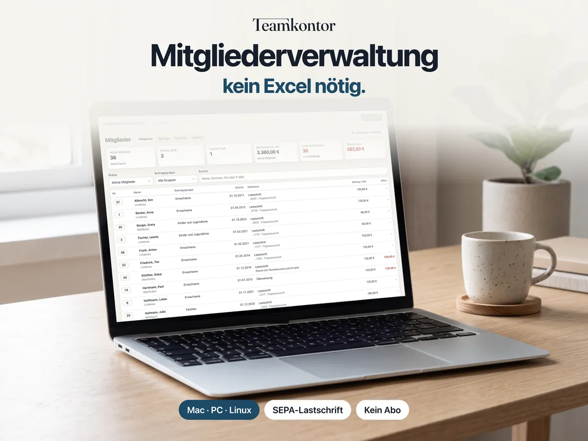 Mitgliederverwaltung von Teamkontor auf einem Laptop – Bildschirmfoto der App mit Beispieldaten
