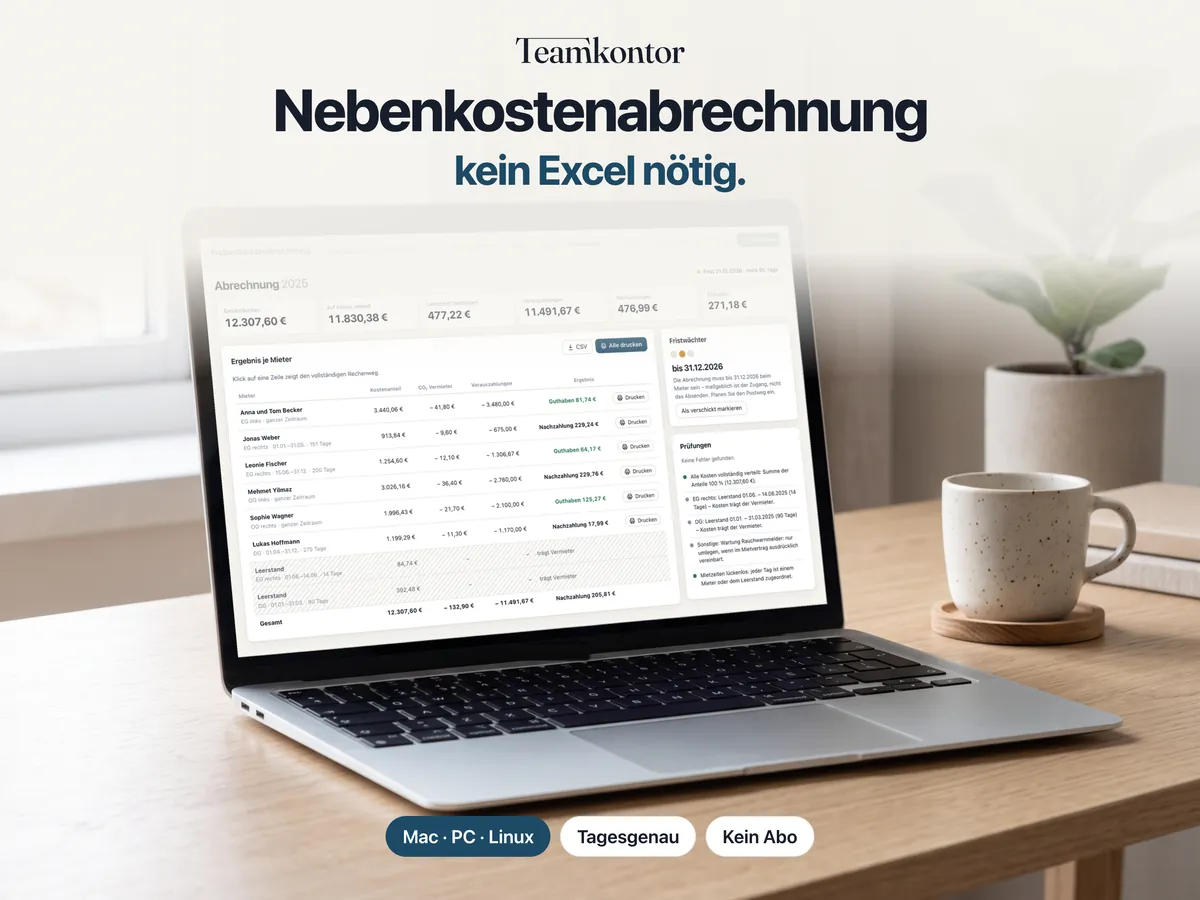 Nebenkostenabrechnung von Teamkontor auf einem Laptop – Bildschirmfoto der App mit Beispieldaten