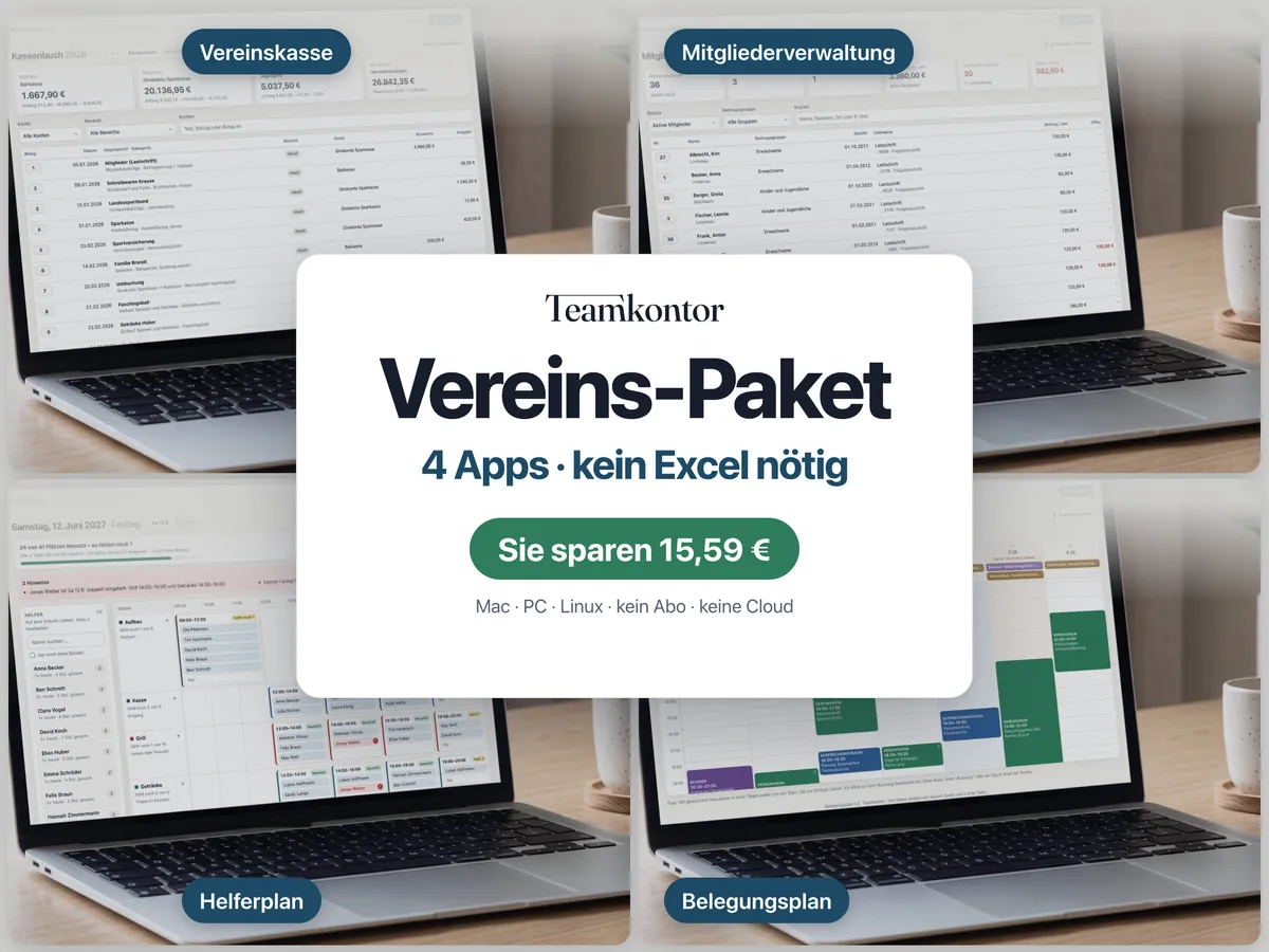 Vereins-Paket ohne Excel von Teamkontor – die vier enthaltenen Apps auf einen Blick
