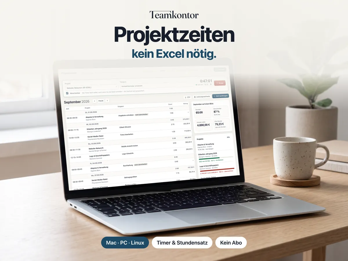 Projektzeiten von Teamkontor auf einem Laptop – Bildschirmfoto der App mit Beispieldaten