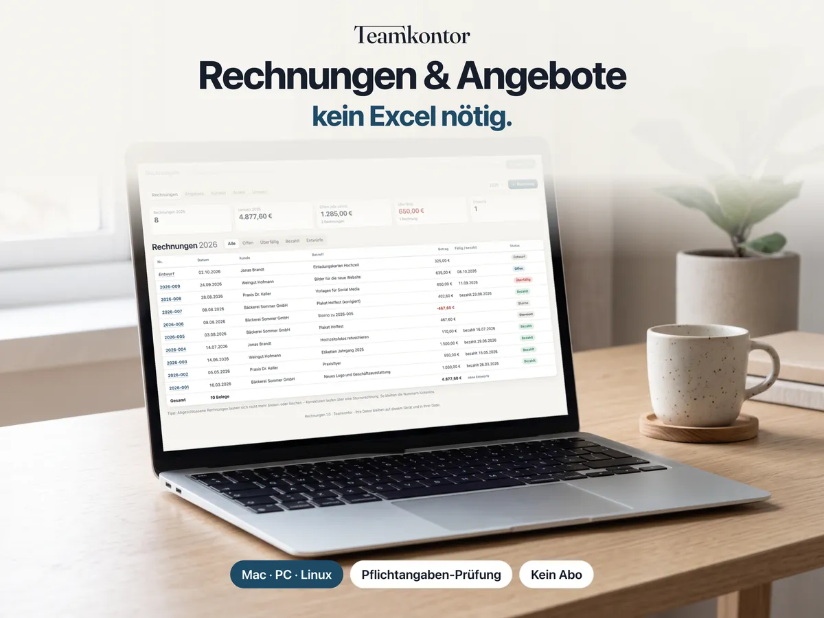 Rechnungen von Teamkontor auf einem Laptop – Bildschirmfoto der App mit Beispieldaten
