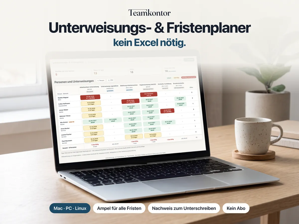 Unterweisungs- & Fristenplaner von Teamkontor auf einem Laptop – Bildschirmfoto der App mit Beispieldaten