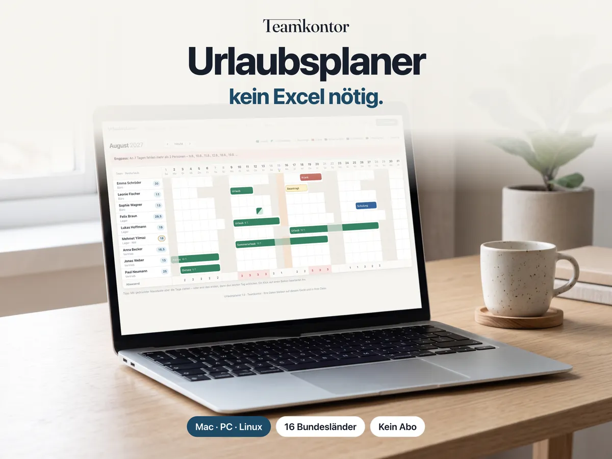 Urlaubsplaner von Teamkontor auf einem Laptop – Bildschirmfoto der App mit Beispieldaten
