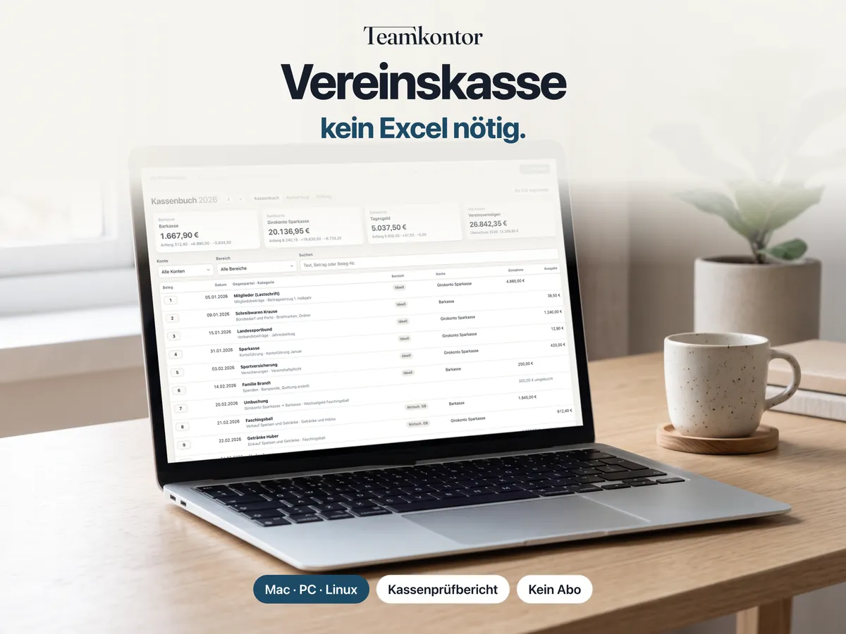 Vereinskasse von Teamkontor auf einem Laptop – Bildschirmfoto der App mit Beispieldaten