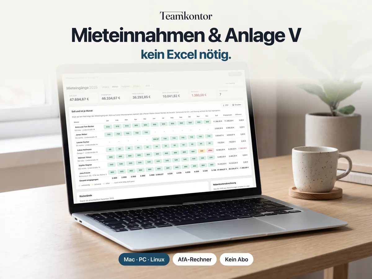 Mieteinnahmen & Anlage V von Teamkontor auf einem Laptop – Bildschirmfoto der App mit Beispieldaten